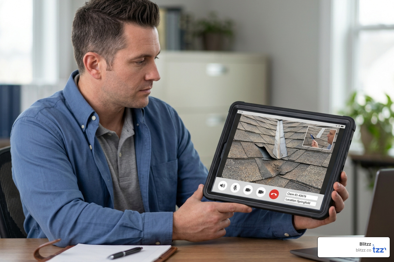 An insurance adjuster verifying property damage through a remote visual assistance session on a tablet