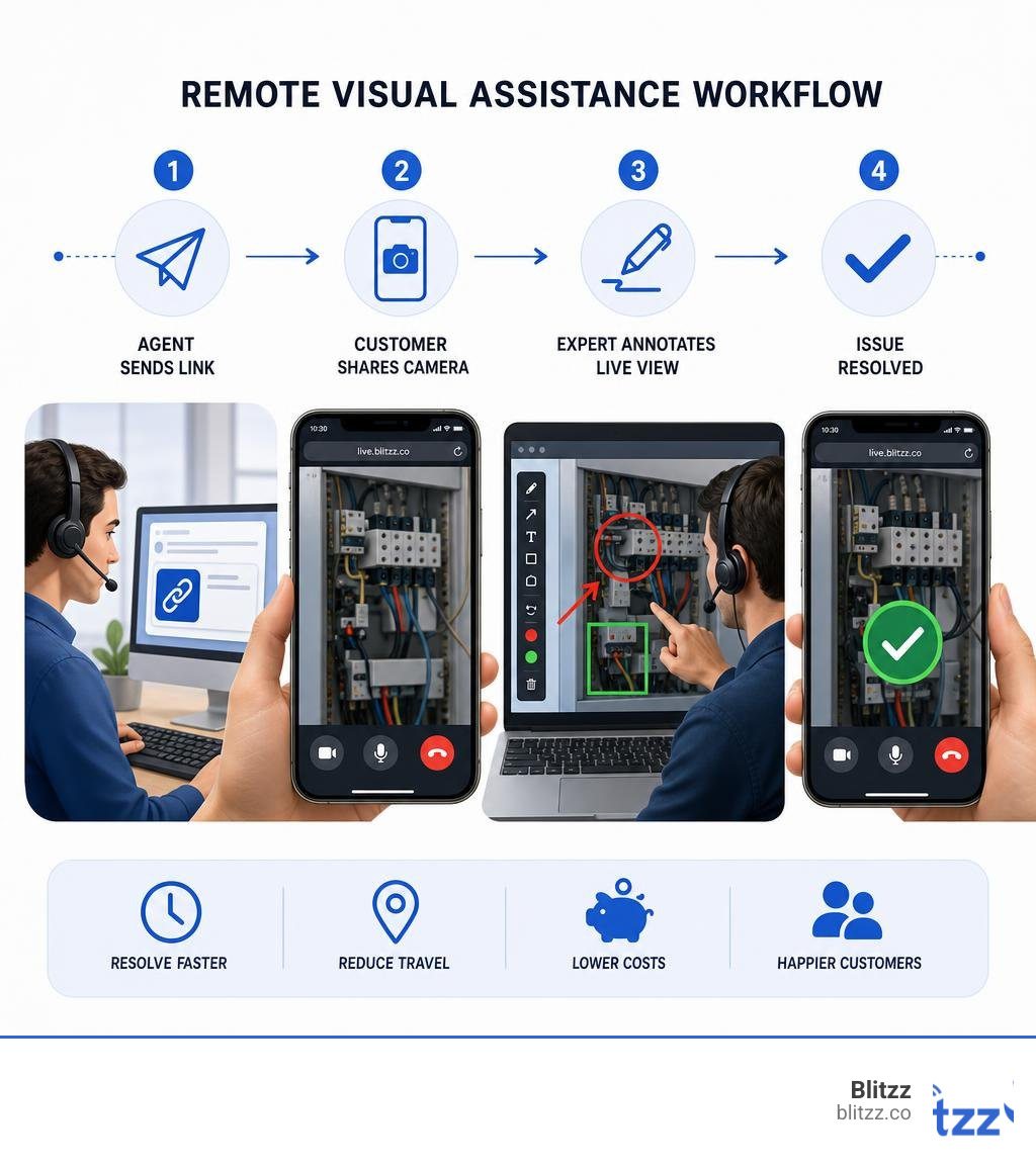Remote visual assistance workflow: agent sends link, customer shares camera, expert annotates live view, issue resolved