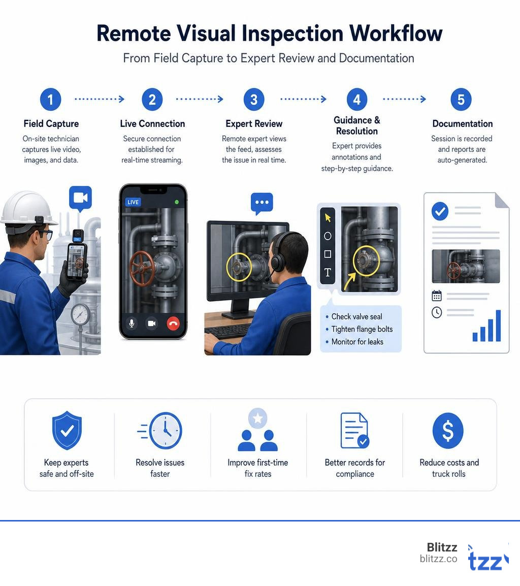 Remote visual inspection workflow from field capture to expert review and documentation infographic