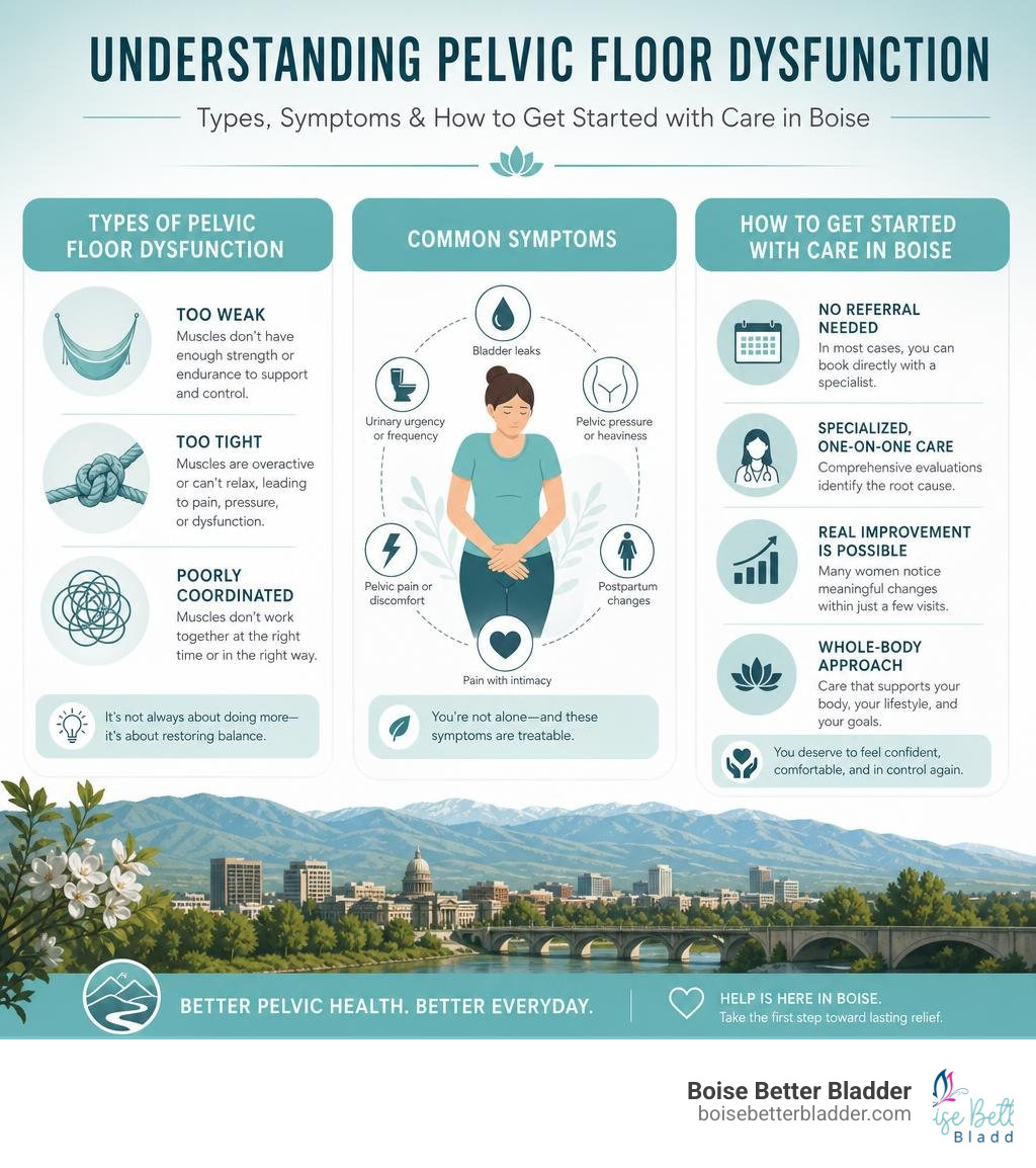 Infographic showing types of pelvic floor dysfunction, common symptoms, and how to get started with care in Boise infographic
