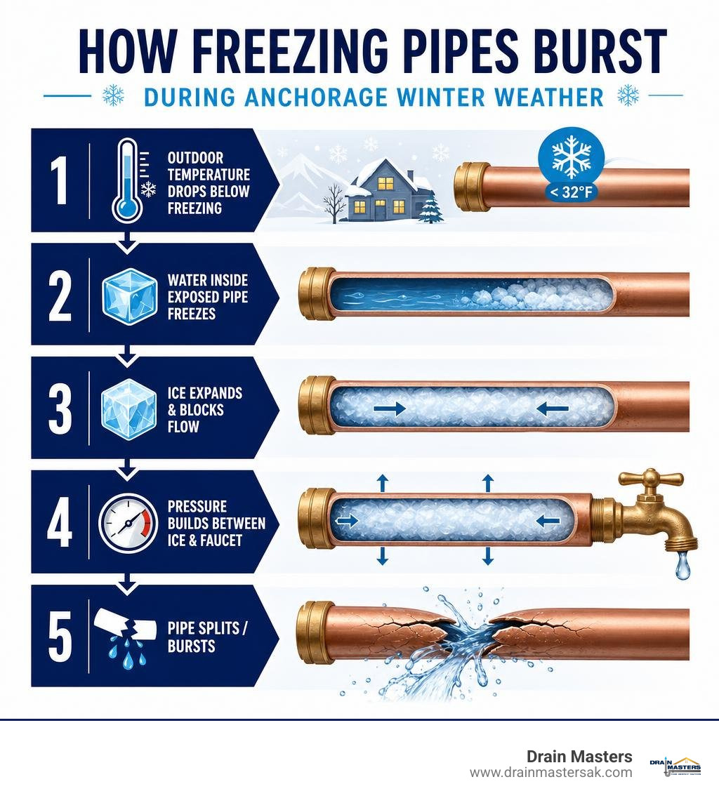 Infographic showing how freezing pipes burst during Anchorage winter weather infographic Infographic showing how freezing pipes burst during Anchorage winter weather infographic