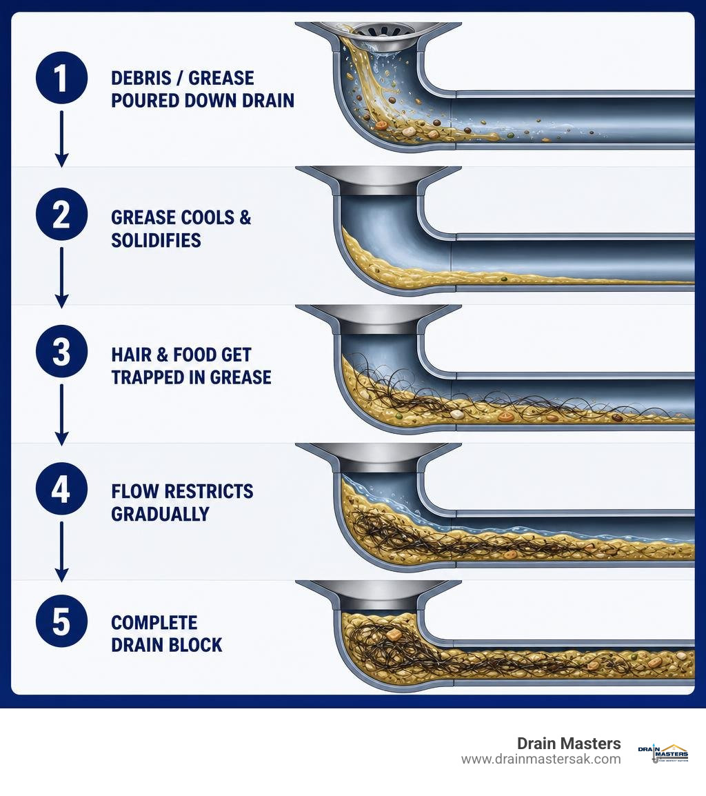 Diagram showing how grease, hair, and debris gradually create a drain clog infographic Diagram showing how grease, hair, and debris gradually create a drain clog infographic