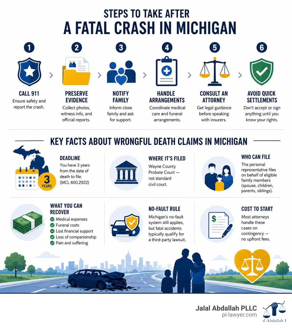 Steps to take after a fatal crash in Michigan and key facts about wrongful death claims infographic Steps to take after a fatal crash in Michigan and key facts about wrongful death claims infographic