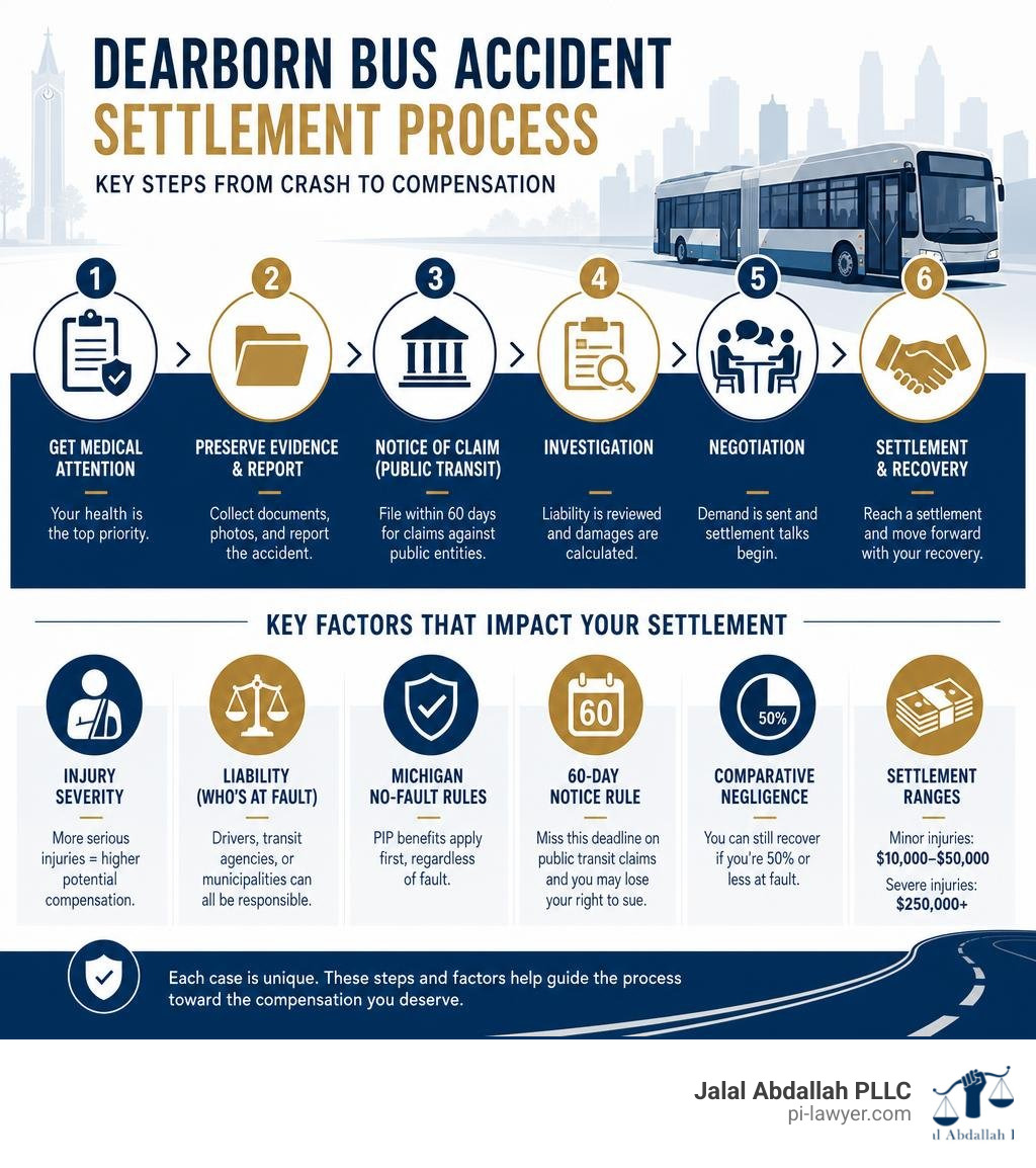 Infographic showing key steps and factors in a Dearborn bus accident settlement process infographic Infographic showing key steps and factors in a Dearborn bus accident settlement process infographic