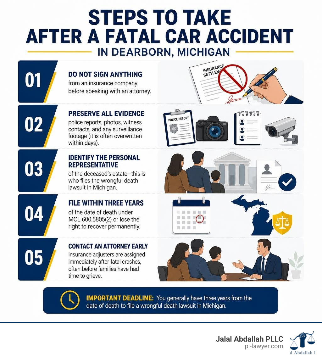 Steps to take after a fatal car accident in Dearborn, Michigan — infographic infographic Steps to take after a fatal car accident in Dearborn, Michigan — infographic infographic