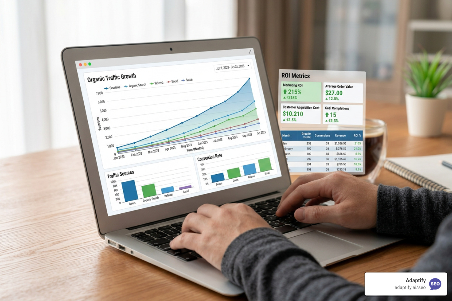 Organic traffic growth dashboard showing scaling ROI