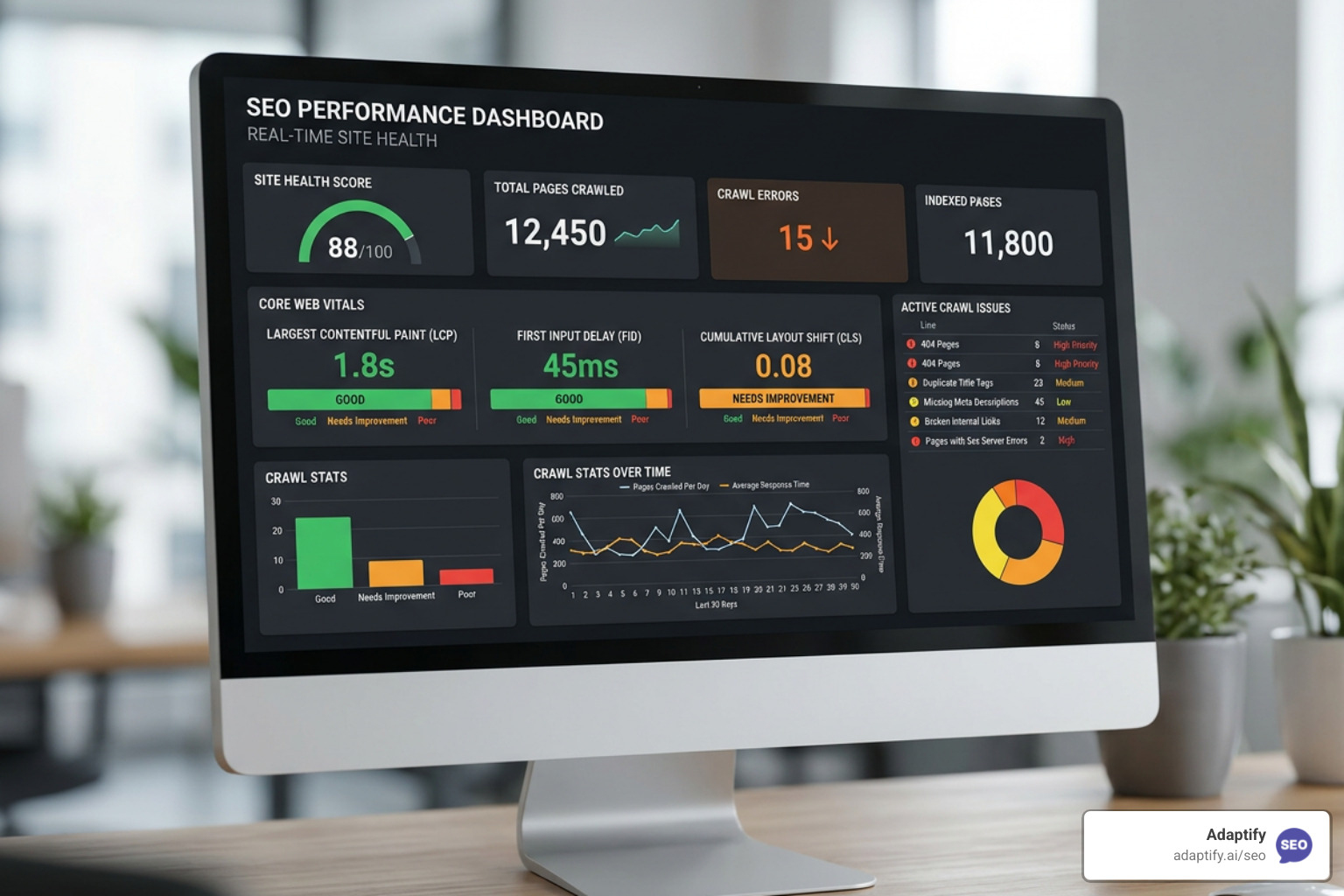 Real-time technical SEO monitoring dashboard tracking site health, Core Web Vitals, and active crawl issues
