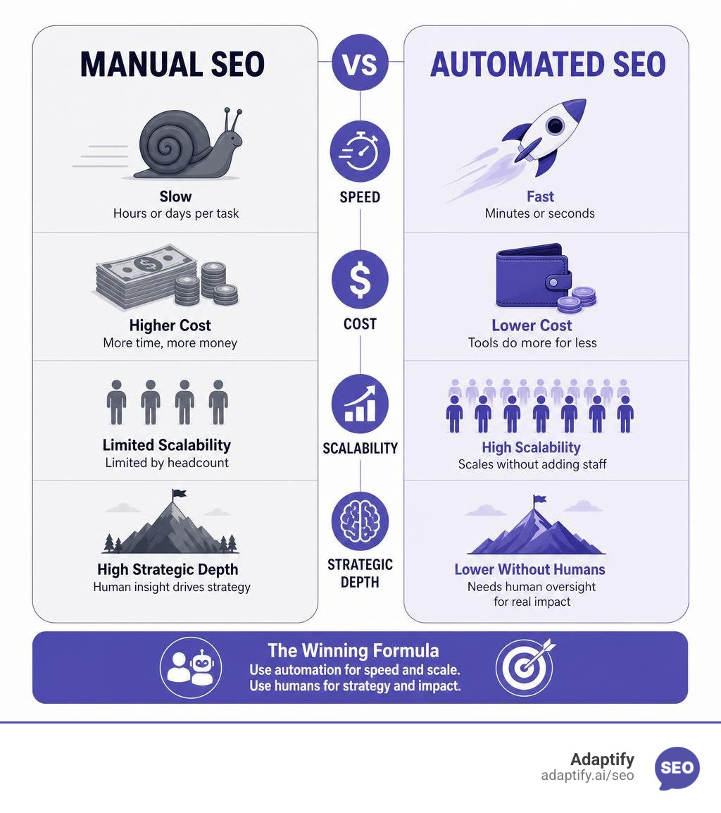 Comparison of manual SEO vs automated SEO across speed, cost, scalability, and strategic depth infographic
