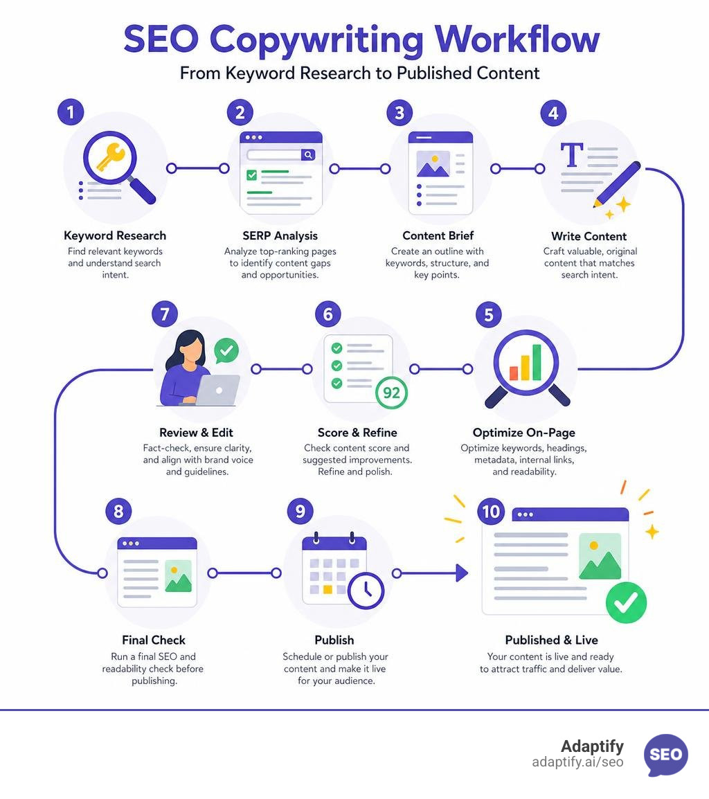 SEO copywriting workflow from keyword research to published content infographic