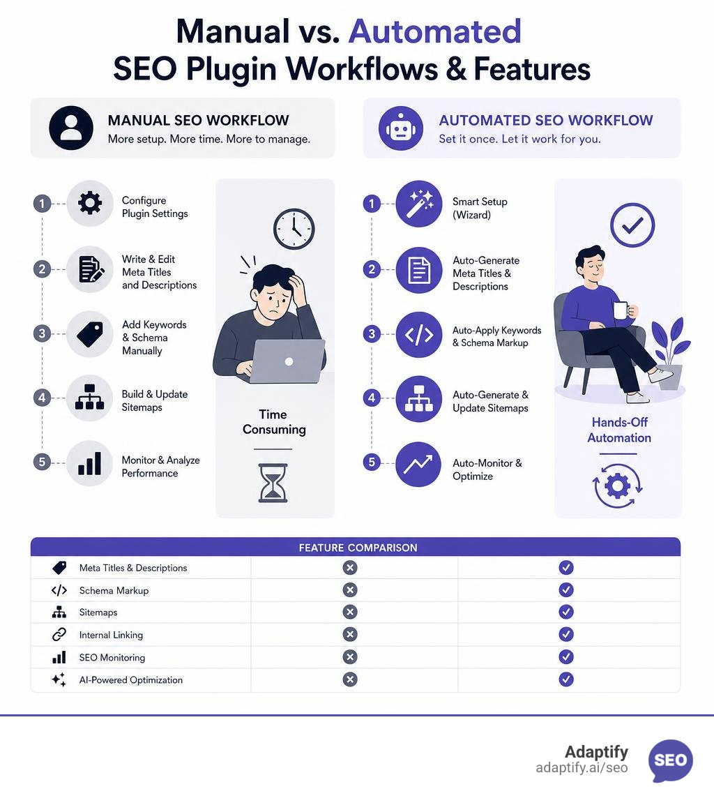 comparison of manual vs automated SEO plugin workflows and features infographic