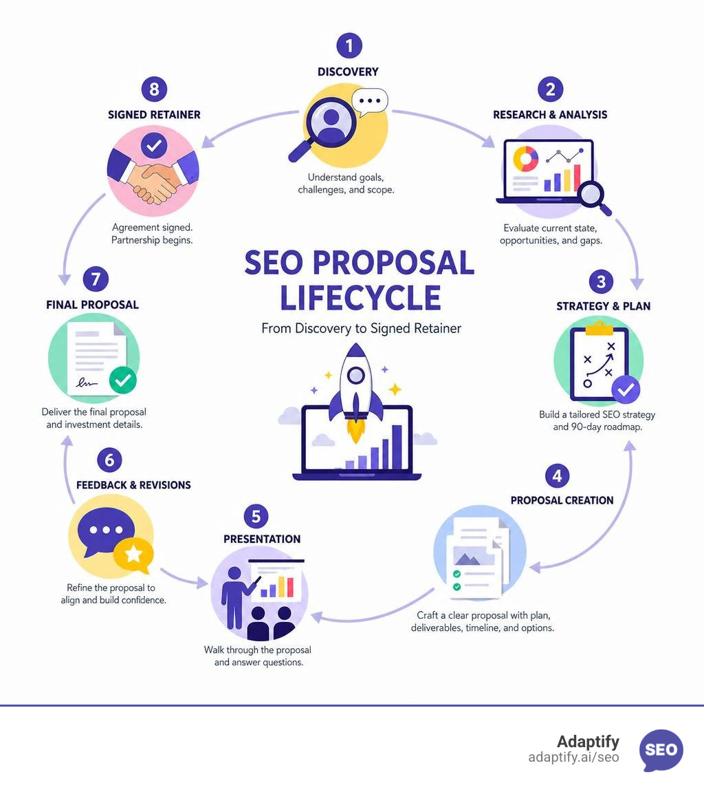 SEO proposal lifecycle from discovery to signed retainer infographic