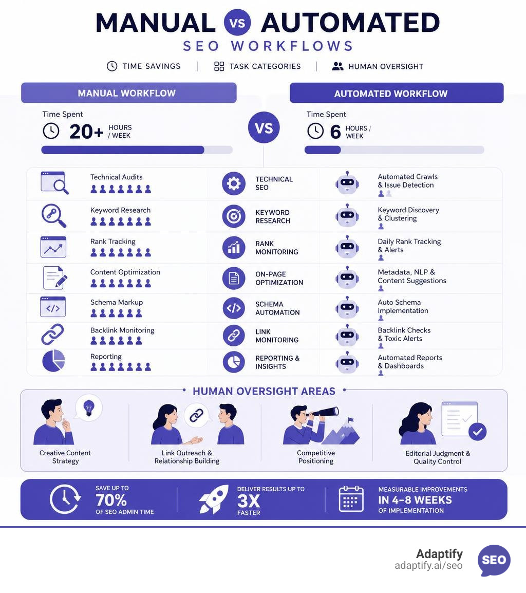 Manual vs automated SEO workflows showing time savings, task categories, and human oversight areas infographic