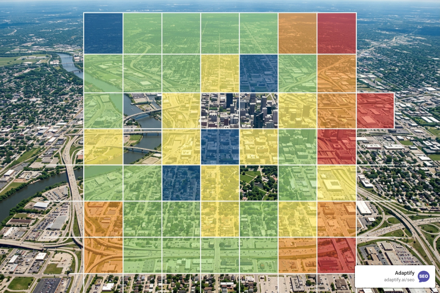 Local SEO geo-grid scan showing rank variations across a city map