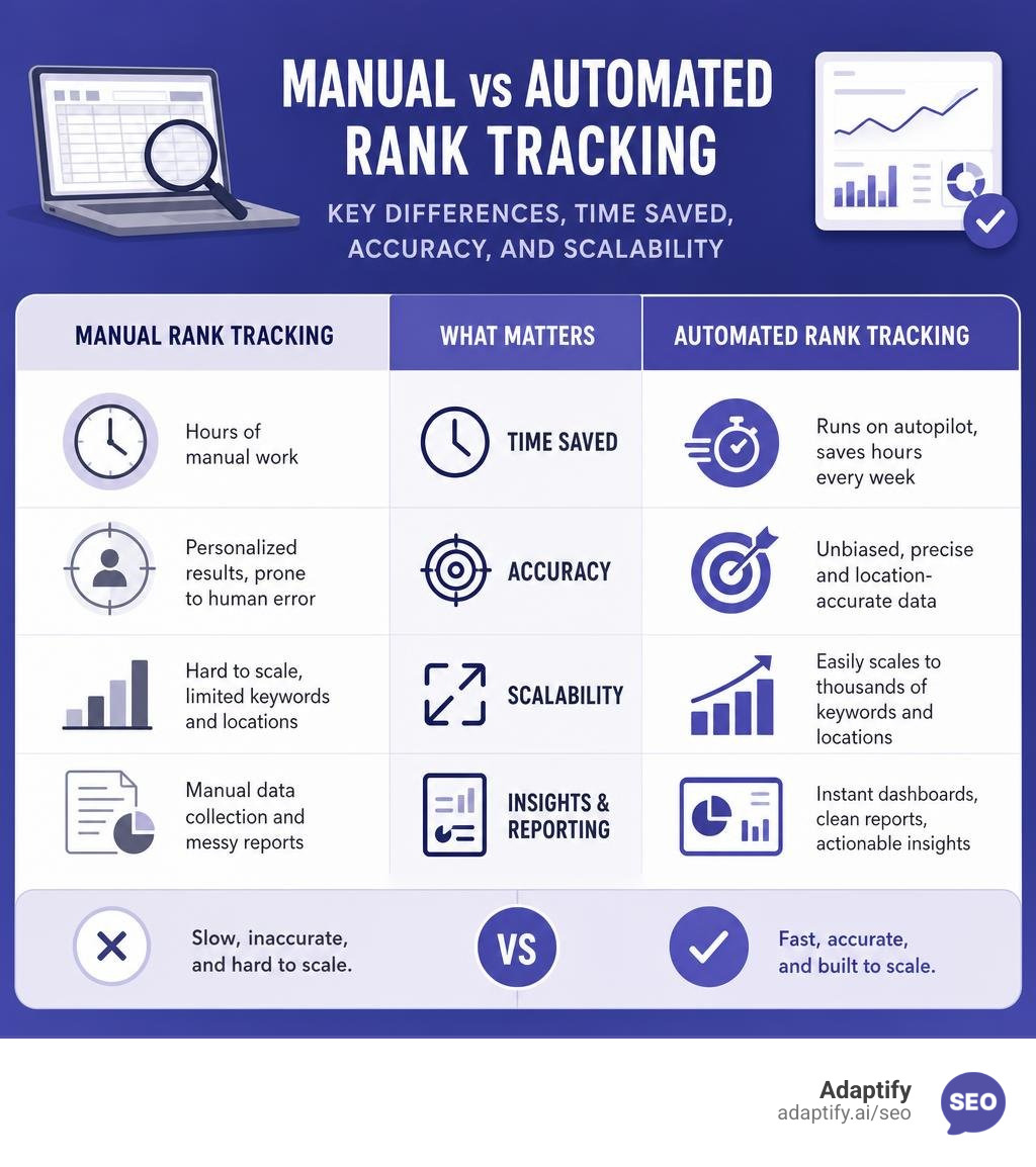 Manual vs automated rank tracking: key differences, time saved, accuracy, and scalability infographic