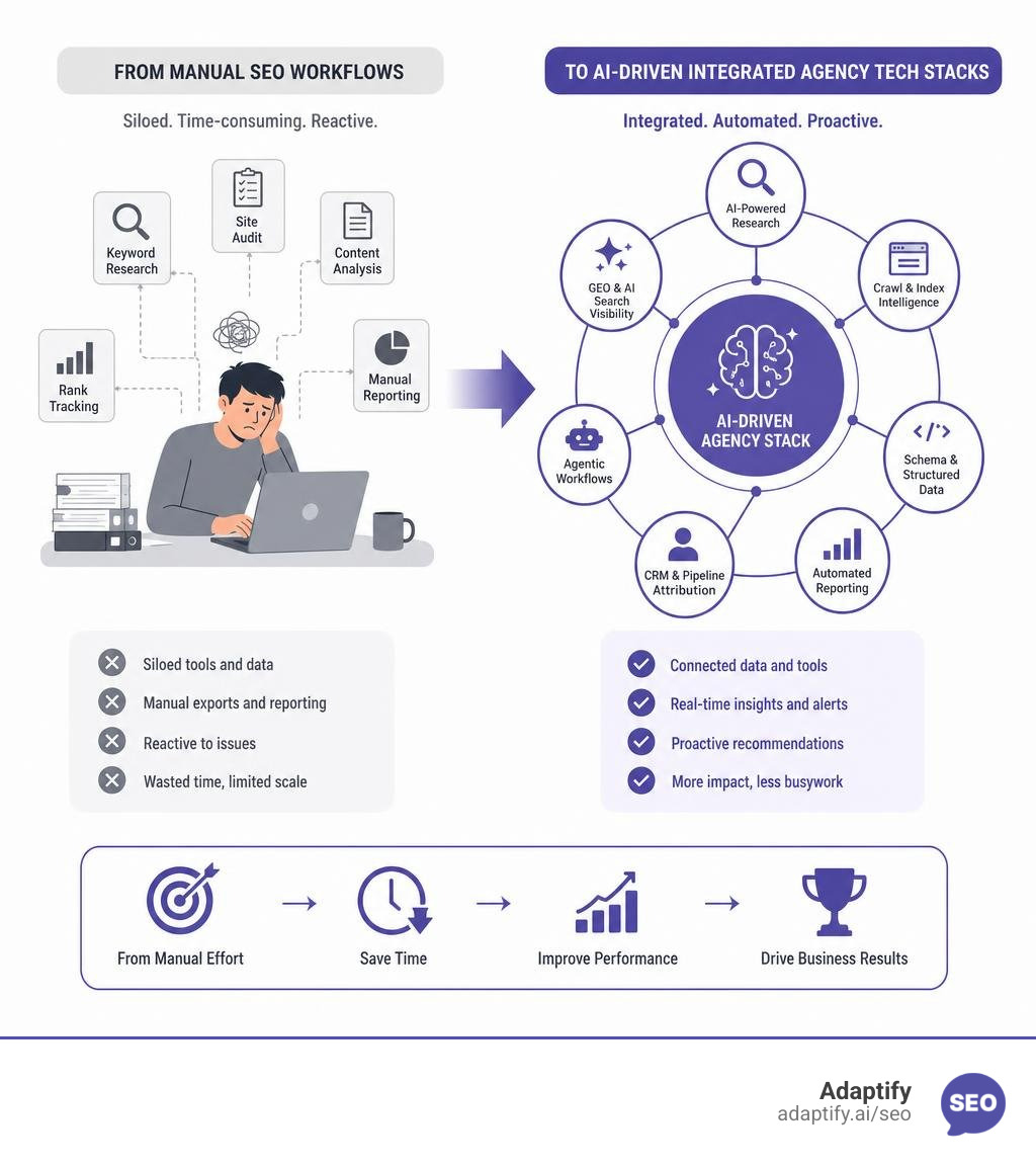 Infographic showing the shift from manual SEO workflows to AI-driven integrated agency tech stacks infographic