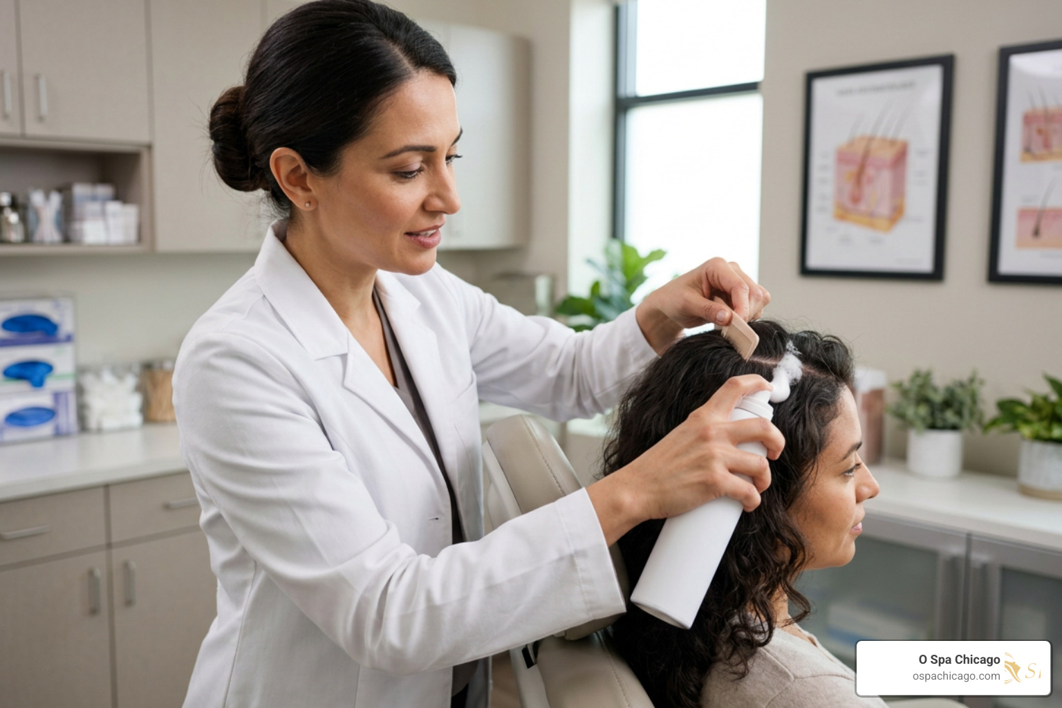 A dermatologist demonstrating how to section hair and apply a topical foam treatment