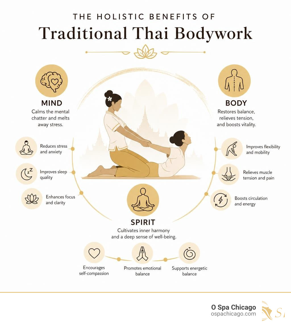 Infographic showing the holistic benefits of traditional Thai bodywork for mind, body, and spirit infographic Infographic showing the holistic benefits of traditional Thai bodywork for mind, body, and spirit infographic