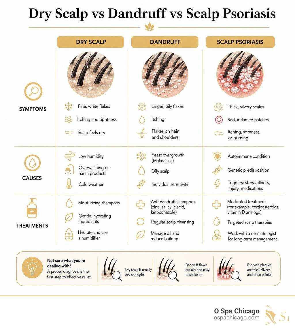 Comparison infographic: dry scalp vs dandruff vs scalp psoriasis — symptoms, causes, and treatments infographic