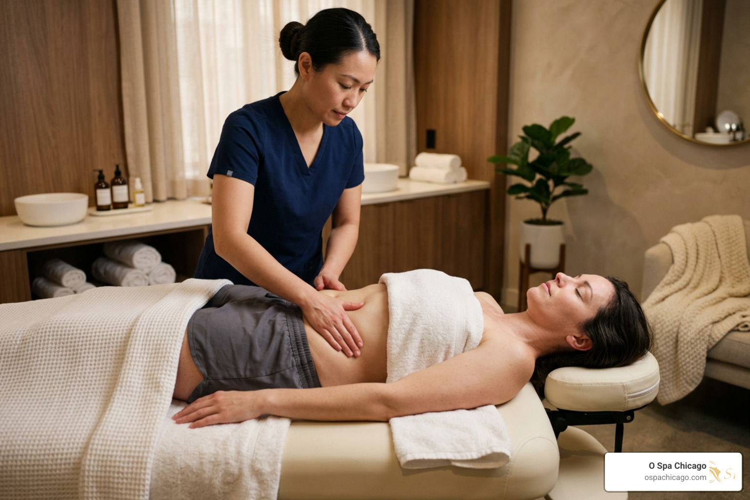 Manual body sculpting massage session focusing on the abdomen and waist