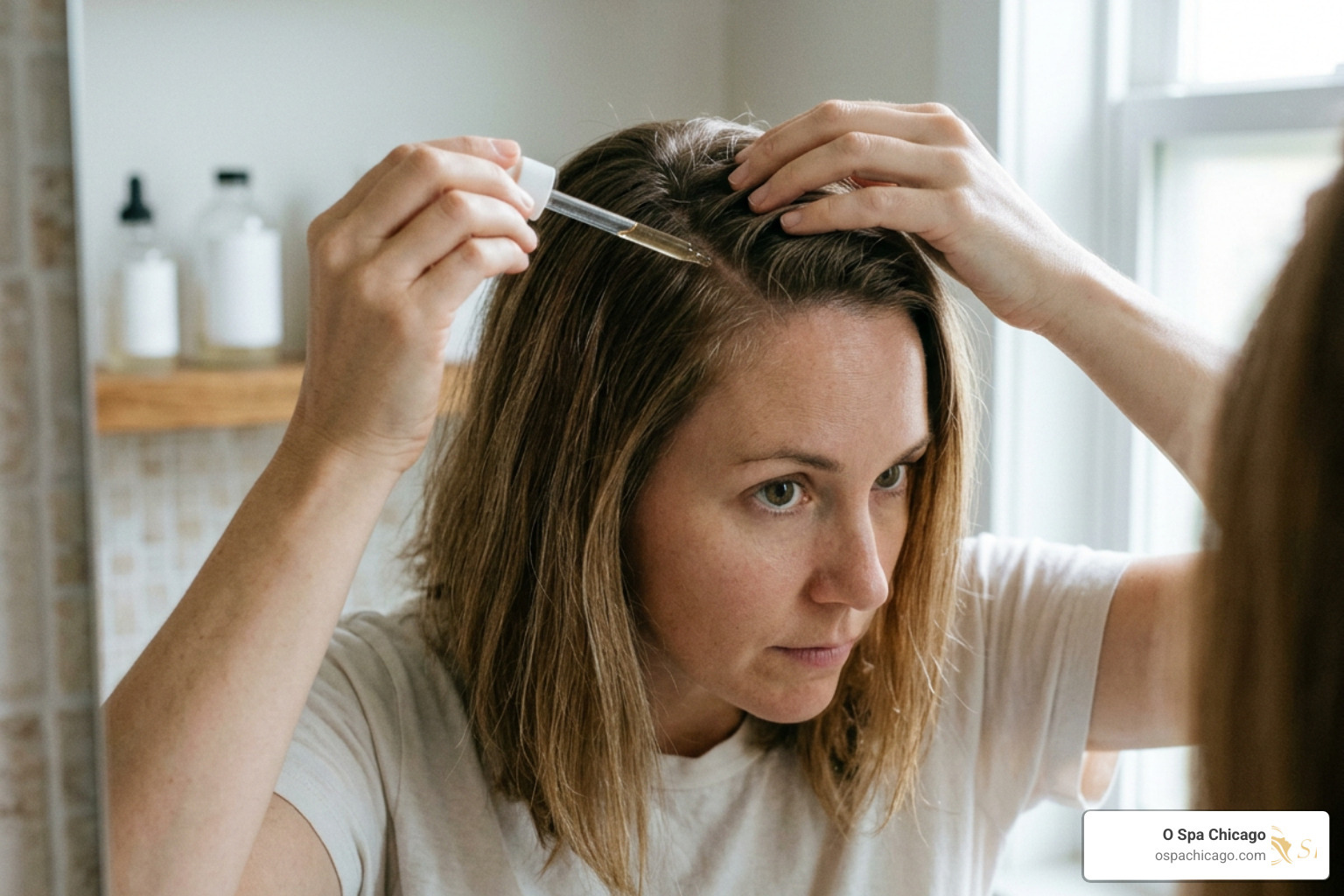 Applying hair growth serum to the scalp Applying hair growth serum to the scalp
