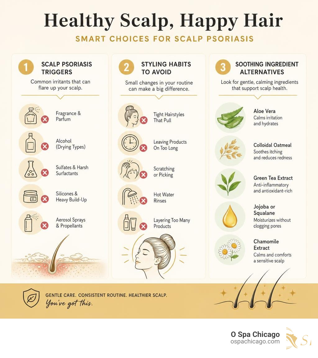 scalp psoriasis triggers, styling habits to avoid, and soothing ingredient alternatives infographic scalp psoriasis triggers, styling habits to avoid, and soothing ingredient alternatives infographic