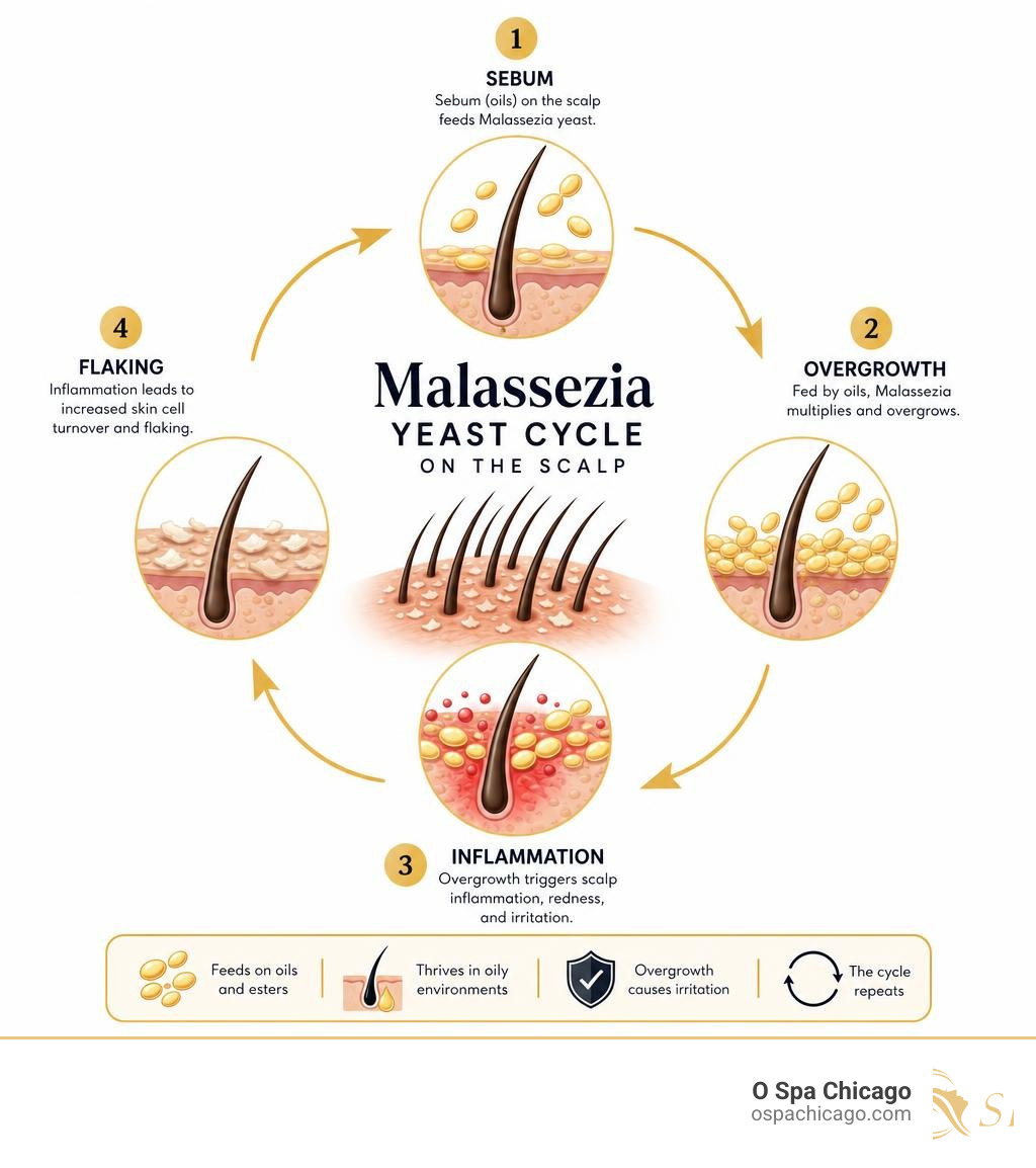 Malassezia yeast cycle on the scalp — sebum, overgrowth, inflammation, flaking loop infographic Malassezia yeast cycle on the scalp — sebum, overgrowth, inflammation, flaking loop infographic