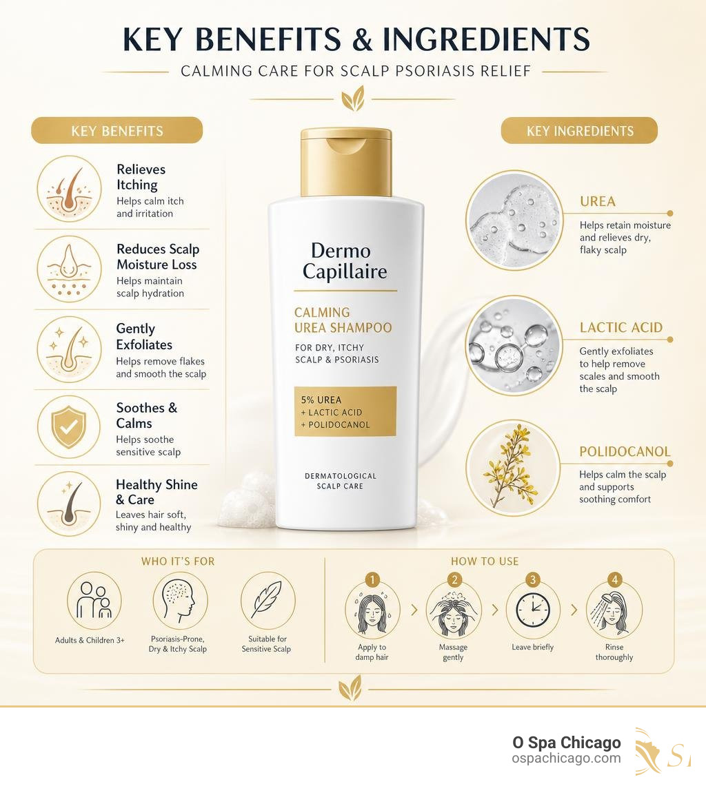 Key benefits and ingredients of Eucerin DermoCapillaire Calming Urea Shampoo for scalp psoriasis relief infographic