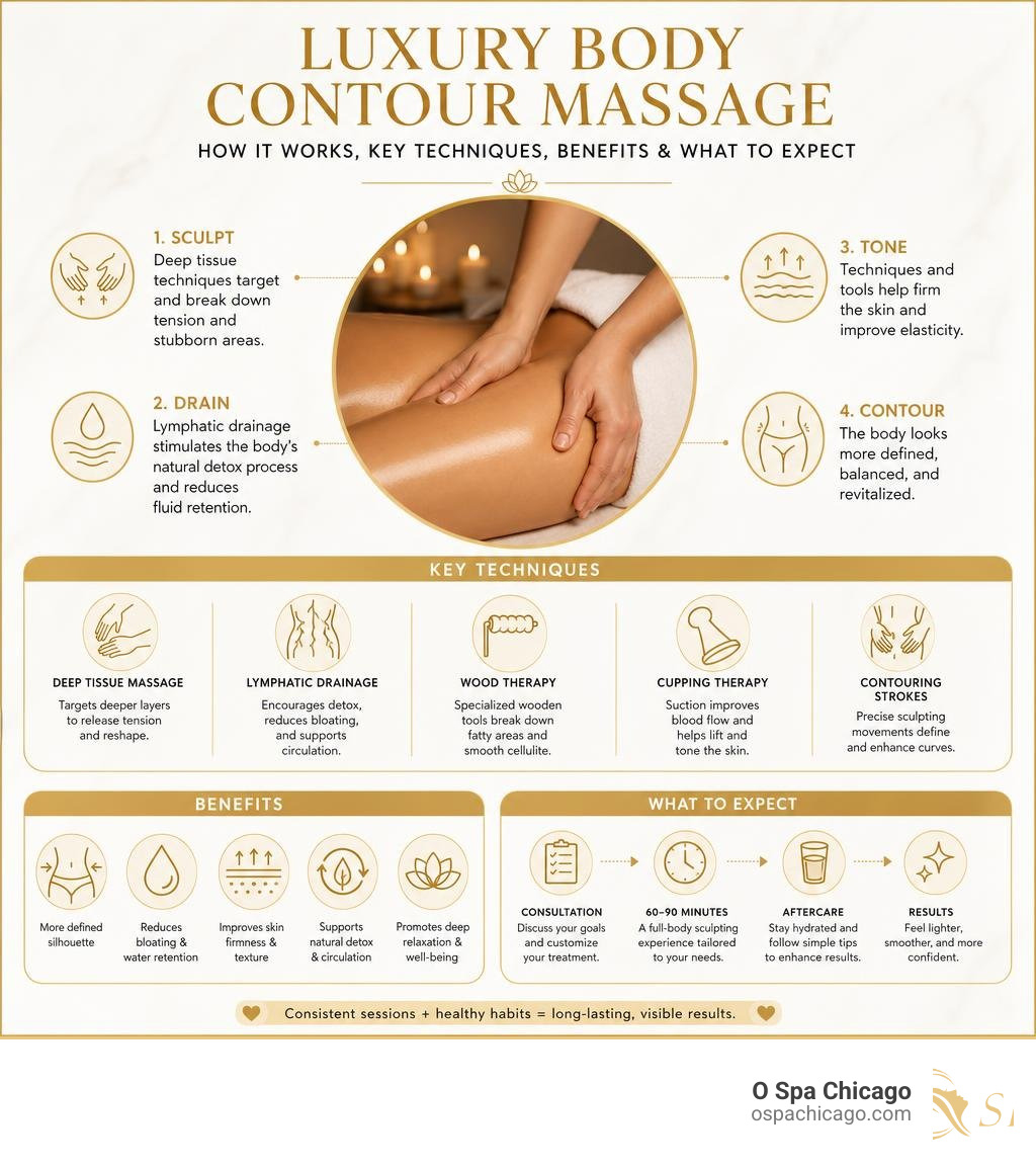 Infographic: how luxury body contour massage works, key techniques, benefits, and what to expect infographic