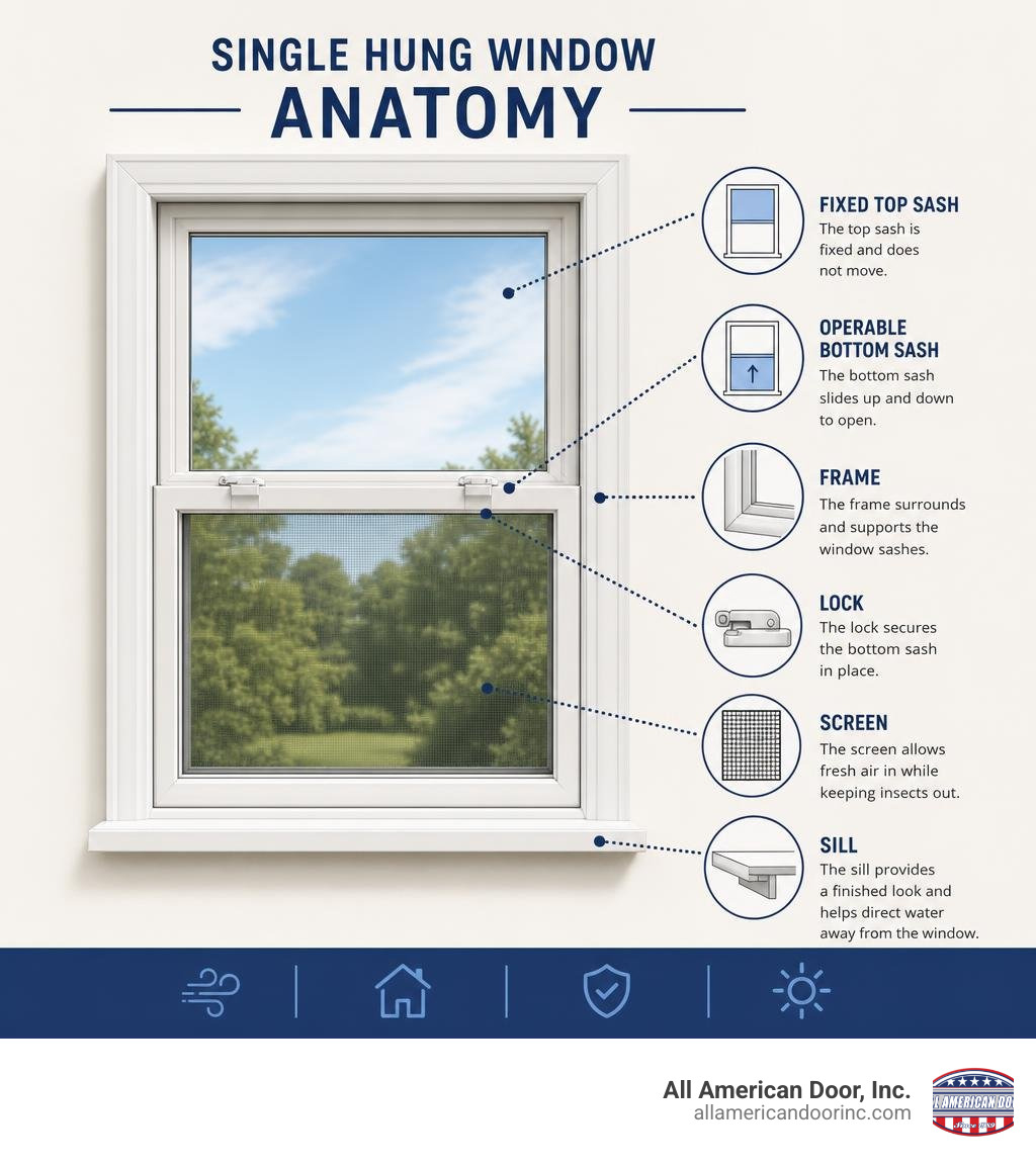 Single hung window anatomy infographic: fixed top sash, operable bottom sash, frame, sill, lock, and screen infographic Single hung window anatomy infographic: fixed top sash, operable bottom sash, frame, sill, lock, and screen infographic