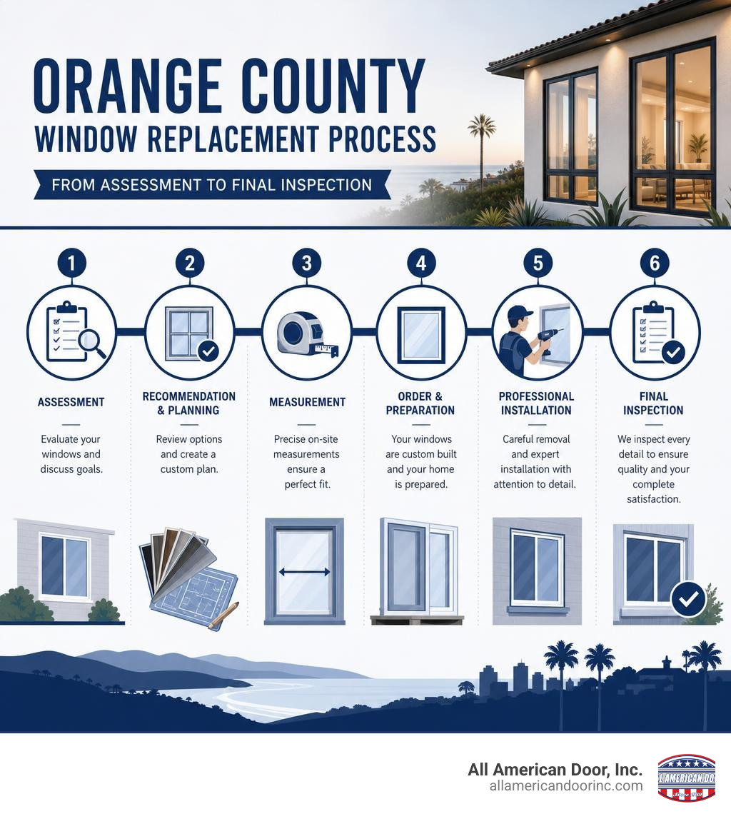 Orange County window replacement process steps from assessment to final inspection infographic Orange County window replacement process steps from assessment to final inspection infographic