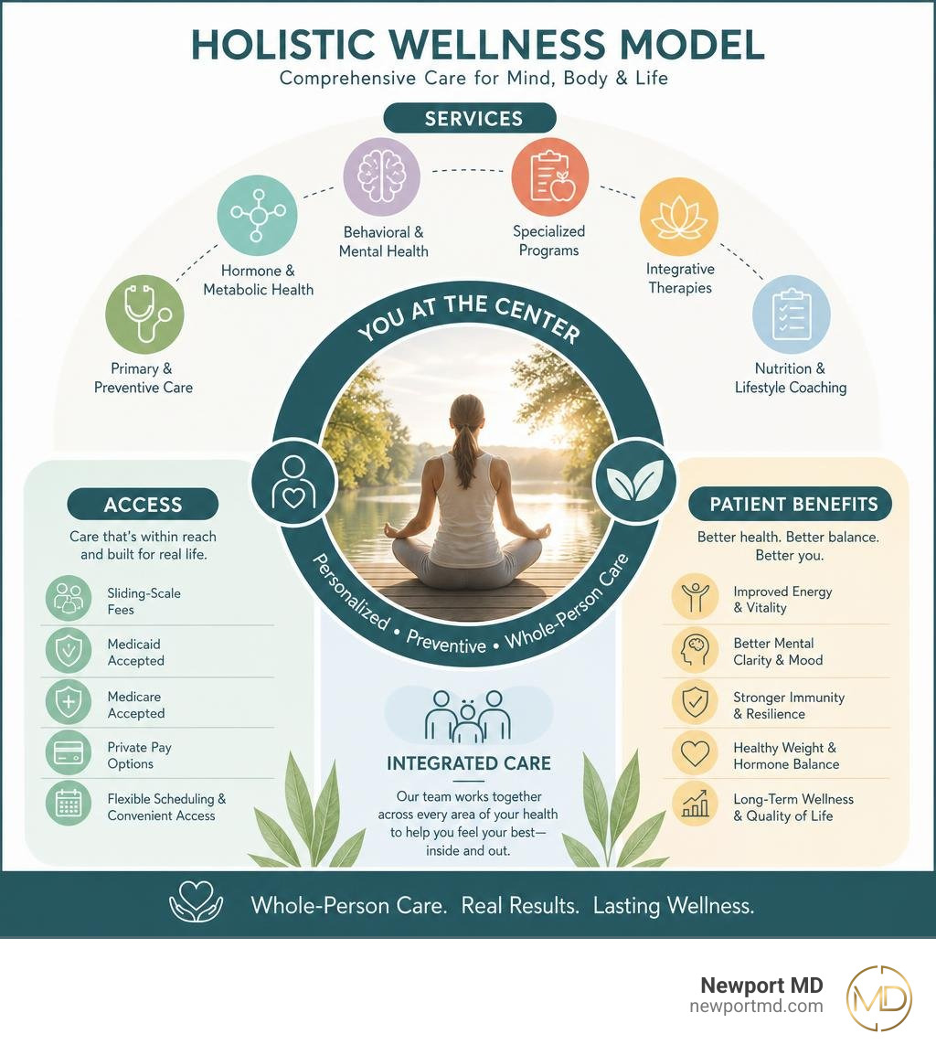 Holistic wellness model infographic showing services, access, and patient benefits at a wellness center infographic Holistic wellness model infographic showing services, access, and patient benefits at a wellness center infographic