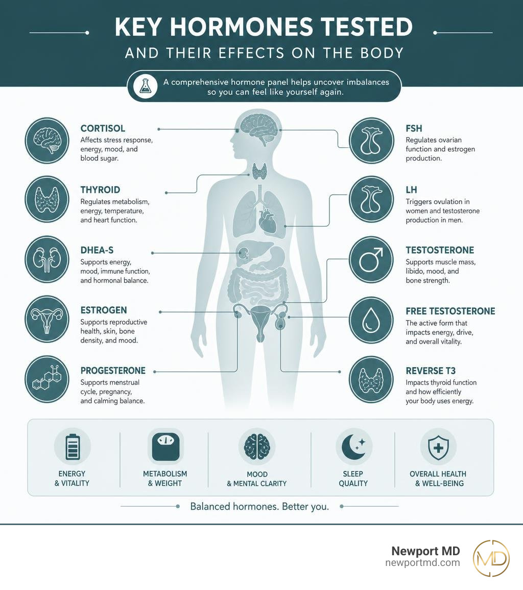 Infographic showing key hormones tested in a comprehensive panel and their effects on the body infographic