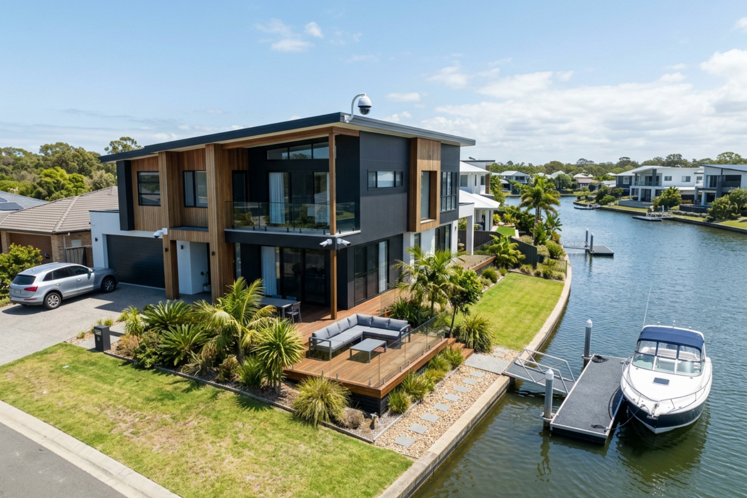 A canal-front home in Burleigh Waters with strategically placed outdoor cameras