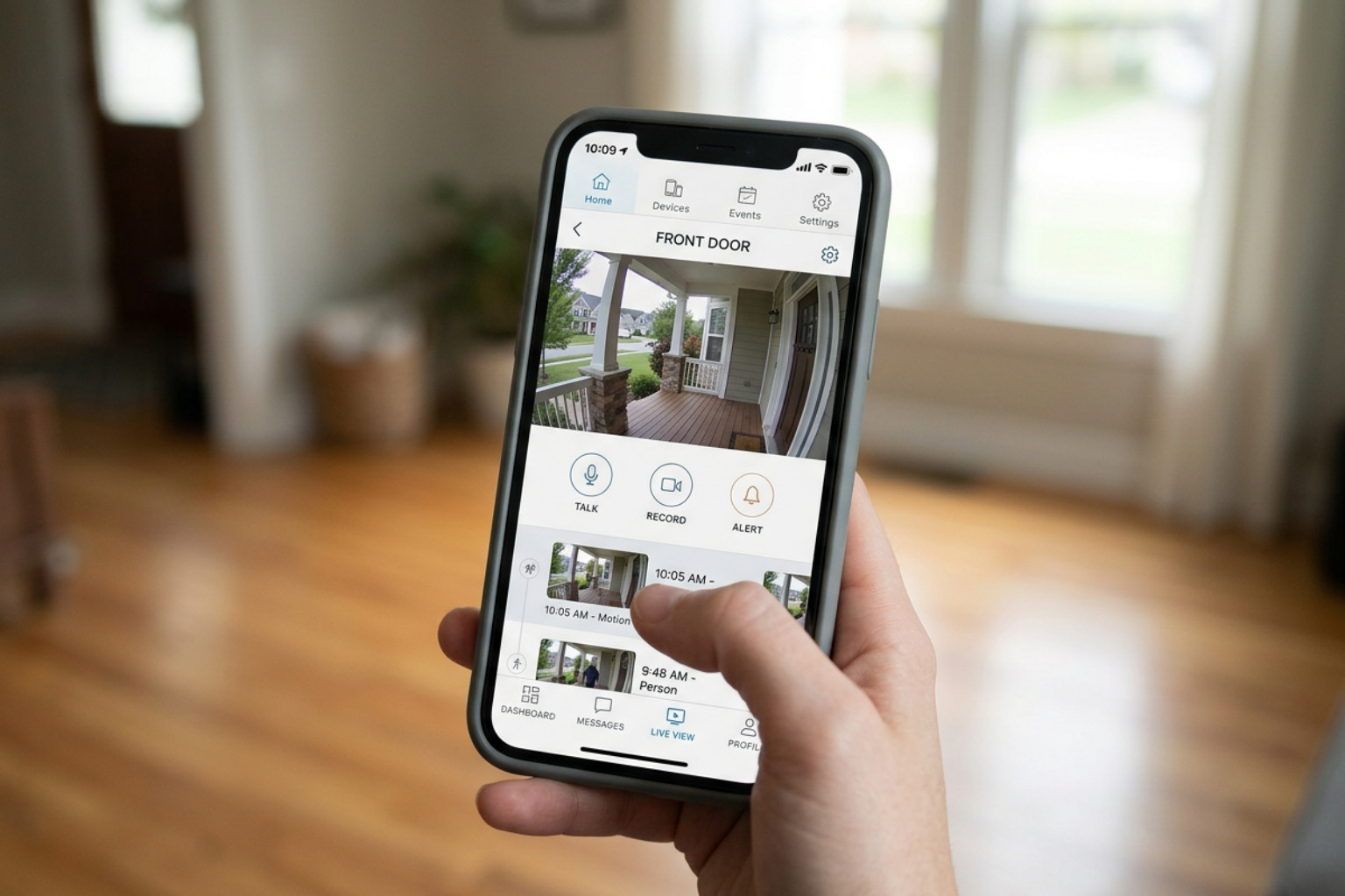 A high-definition smart security camera interface on a mobile phone