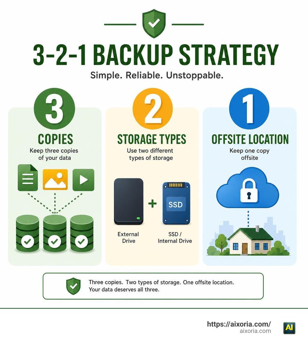 3-2-1 backup strategy infographic showing 3 copies, 2 storage types, 1 offsite location infographic