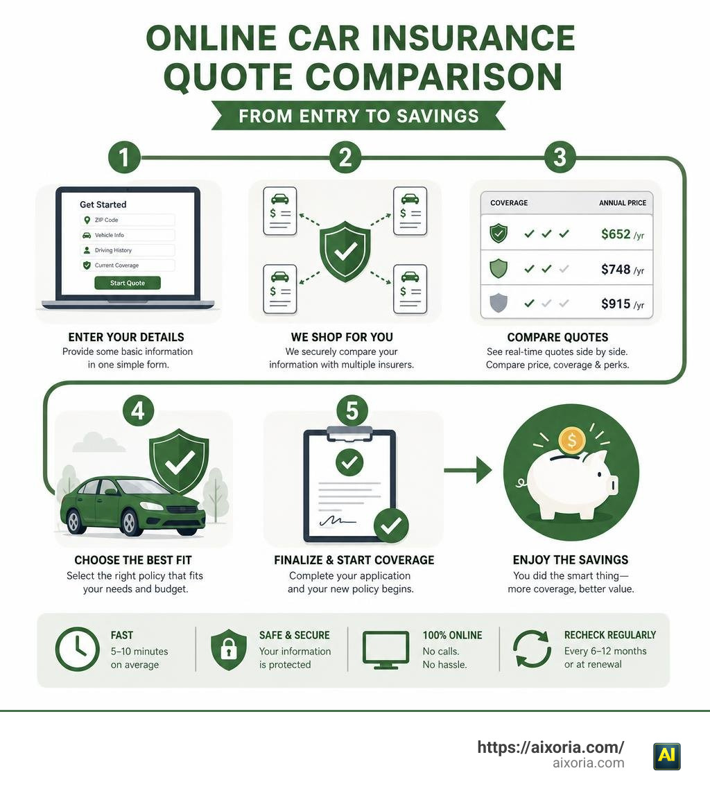Step-by-step online car insurance quote comparison process from entry to savings infographic Step-by-step online car insurance quote comparison process from entry to savings infographic