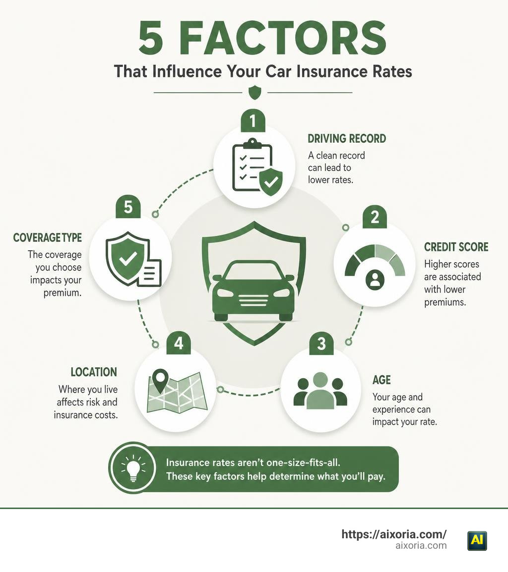 Factors that influence car insurance rates including driving record, credit score, age, location, and coverage type