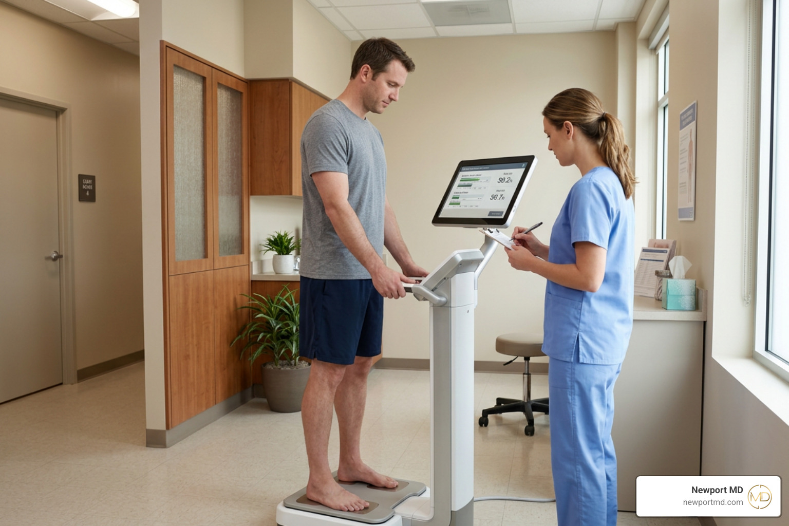 Patient undergoing an InBody scan for precise body composition metrics