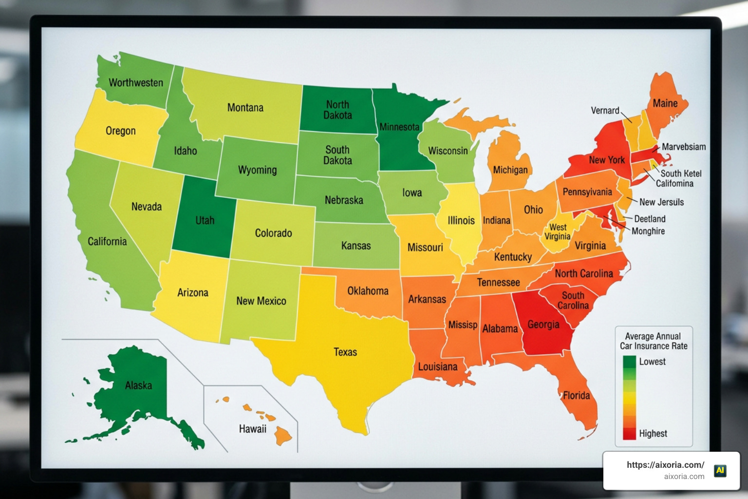 Map showing average car insurance rates across the United States