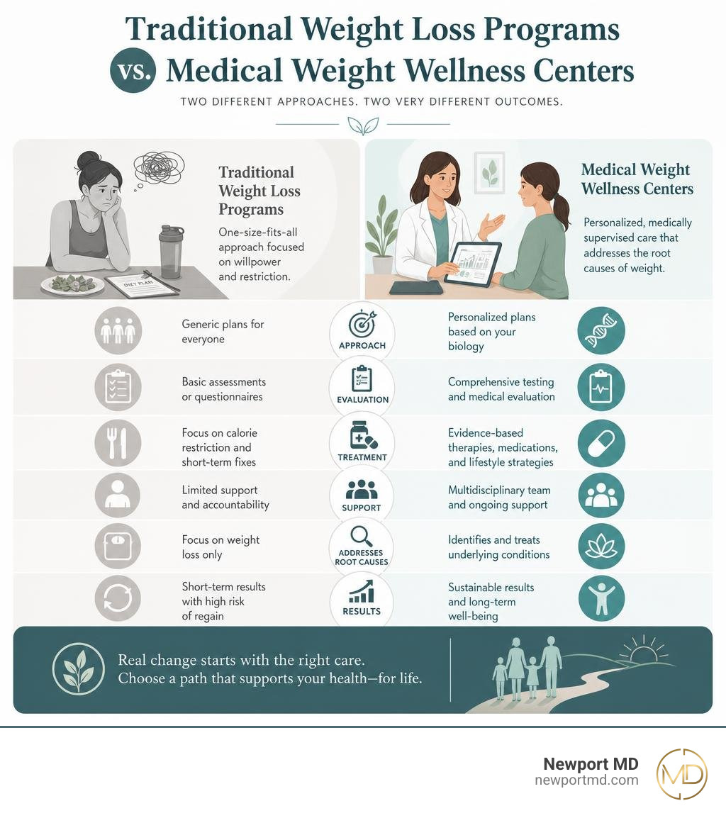 Comparison infographic: traditional weight loss programs vs. medical weight wellness centers infographic
