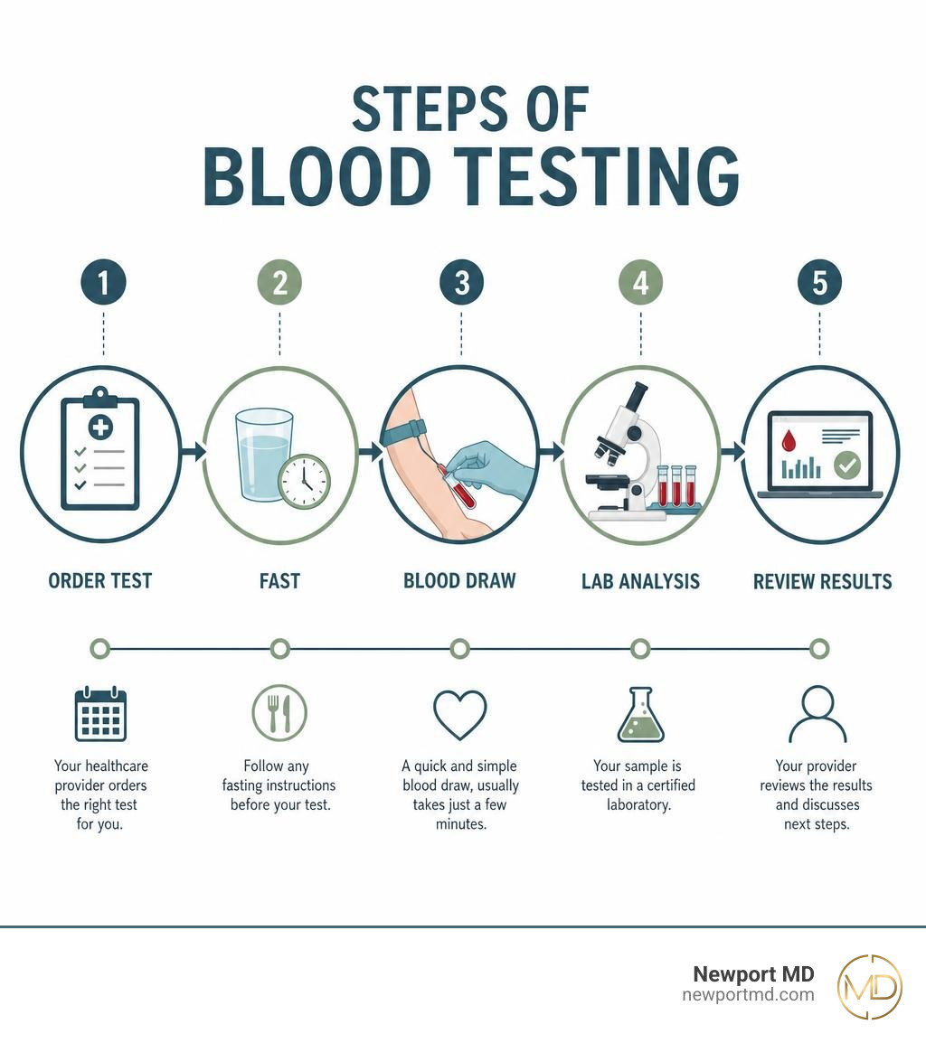 Steps of blood testing: order test, fast, blood draw, lab analysis, review results infographic