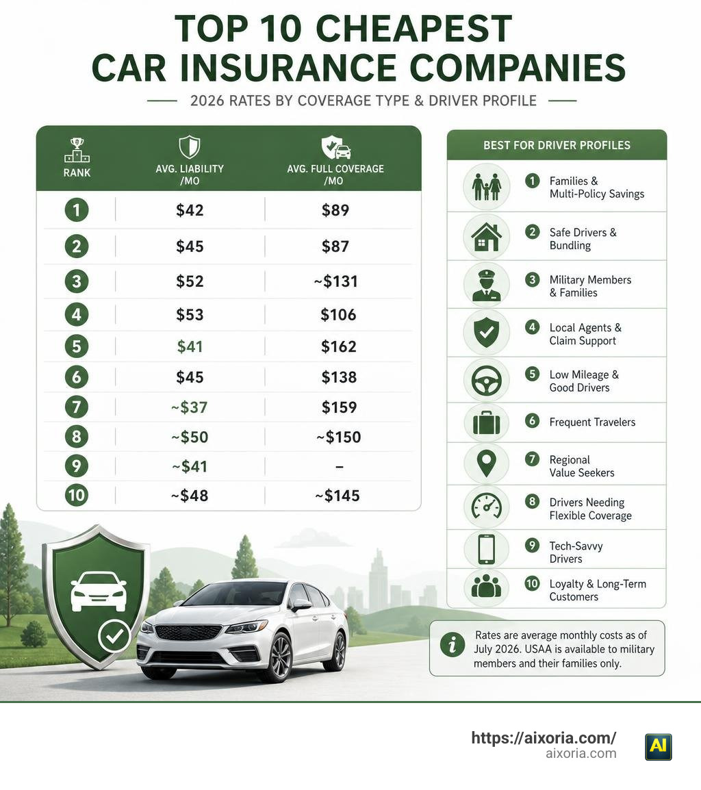 Top 10 cheapest car insurance companies 2026 rates by coverage type and driver profile infographic
