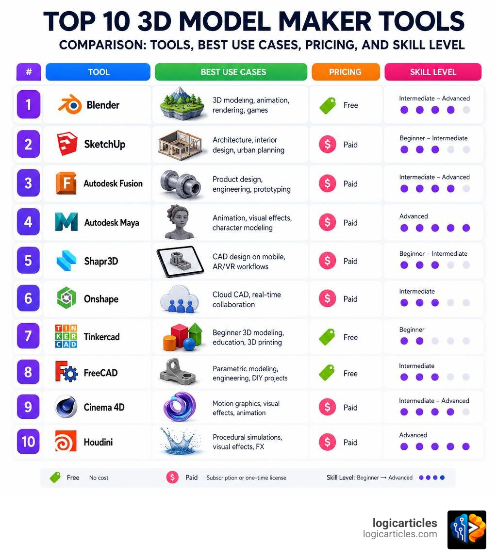 Top 10 3D model maker tools comparison: tools, best use cases, pricing, and skill level infographic Top 10 3D model maker tools comparison: tools, best use cases, pricing, and skill level infographic