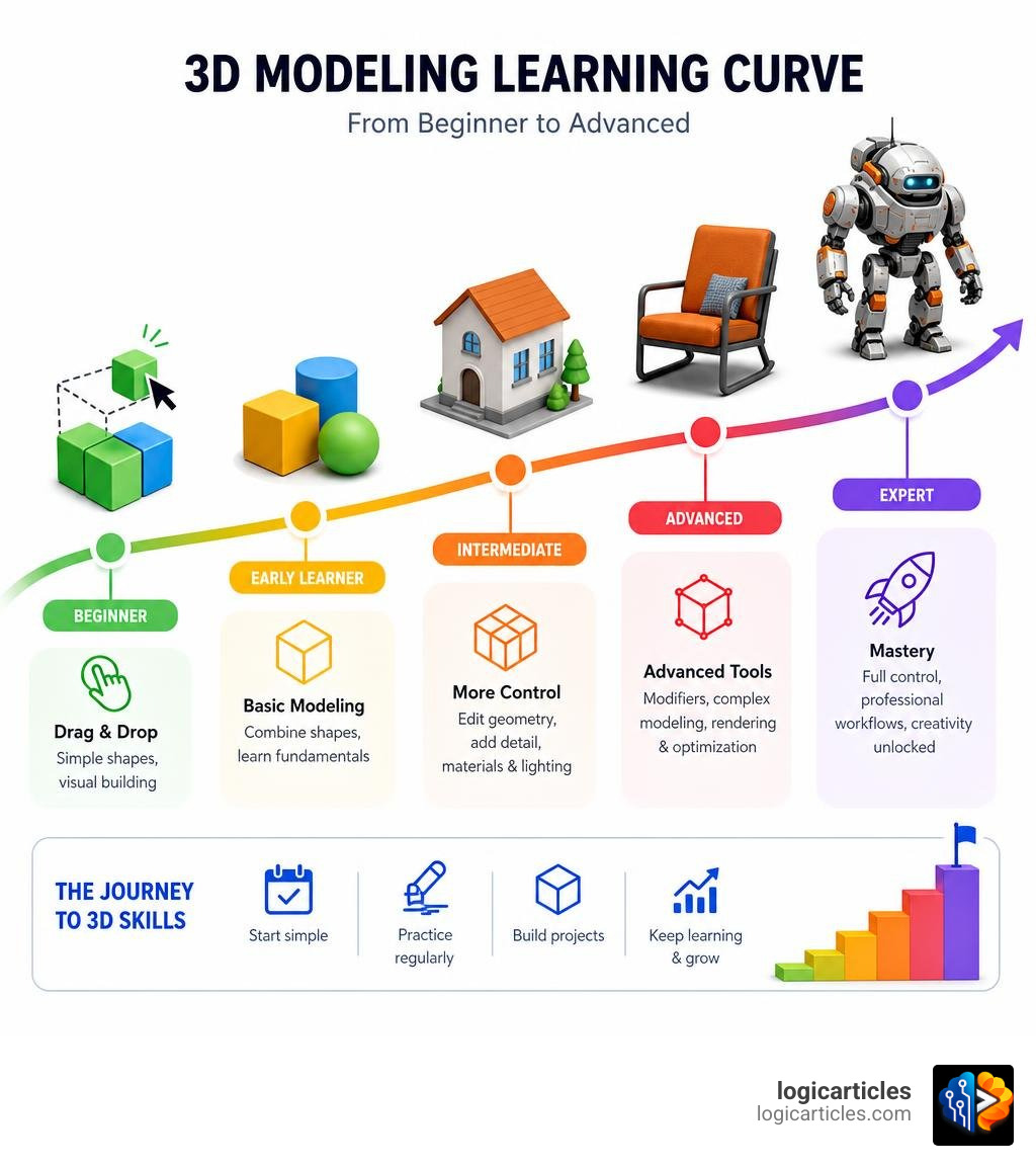 3D modeling learning curve from beginner drag-and-drop tools to advanced software like Blender infographic 3D modeling learning curve from beginner drag-and-drop tools to advanced software like Blender infographic