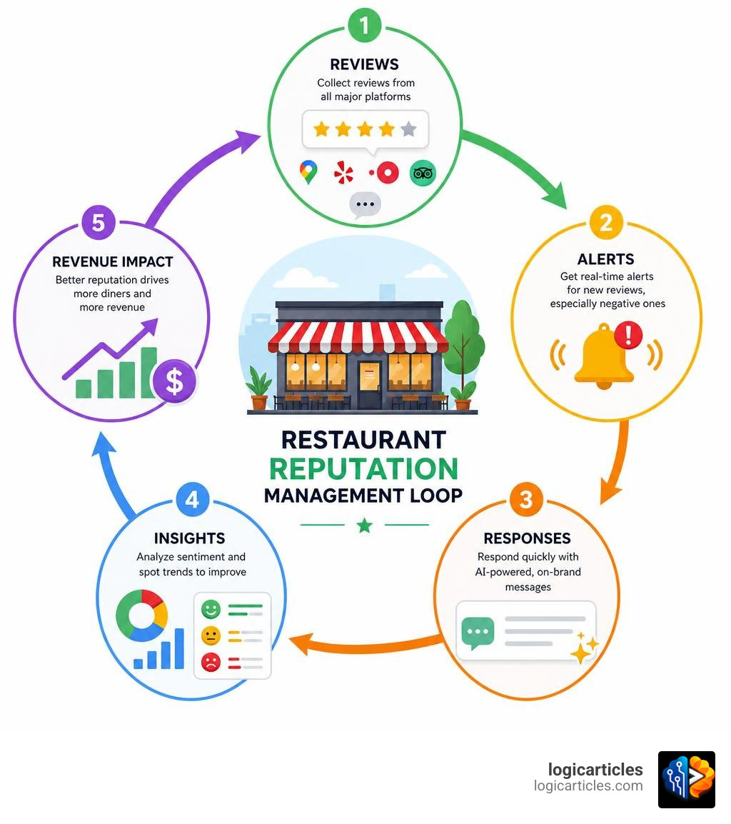 Restaurant reputation management loop: reviews, alerts, responses, insights, and revenue impact infographic Restaurant reputation management loop: reviews, alerts, responses, insights, and revenue impact infographic