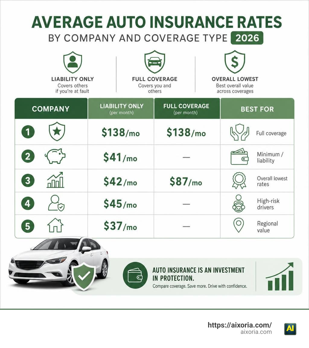 Average auto insurance rates by company and coverage type in 2026 infographic infographic