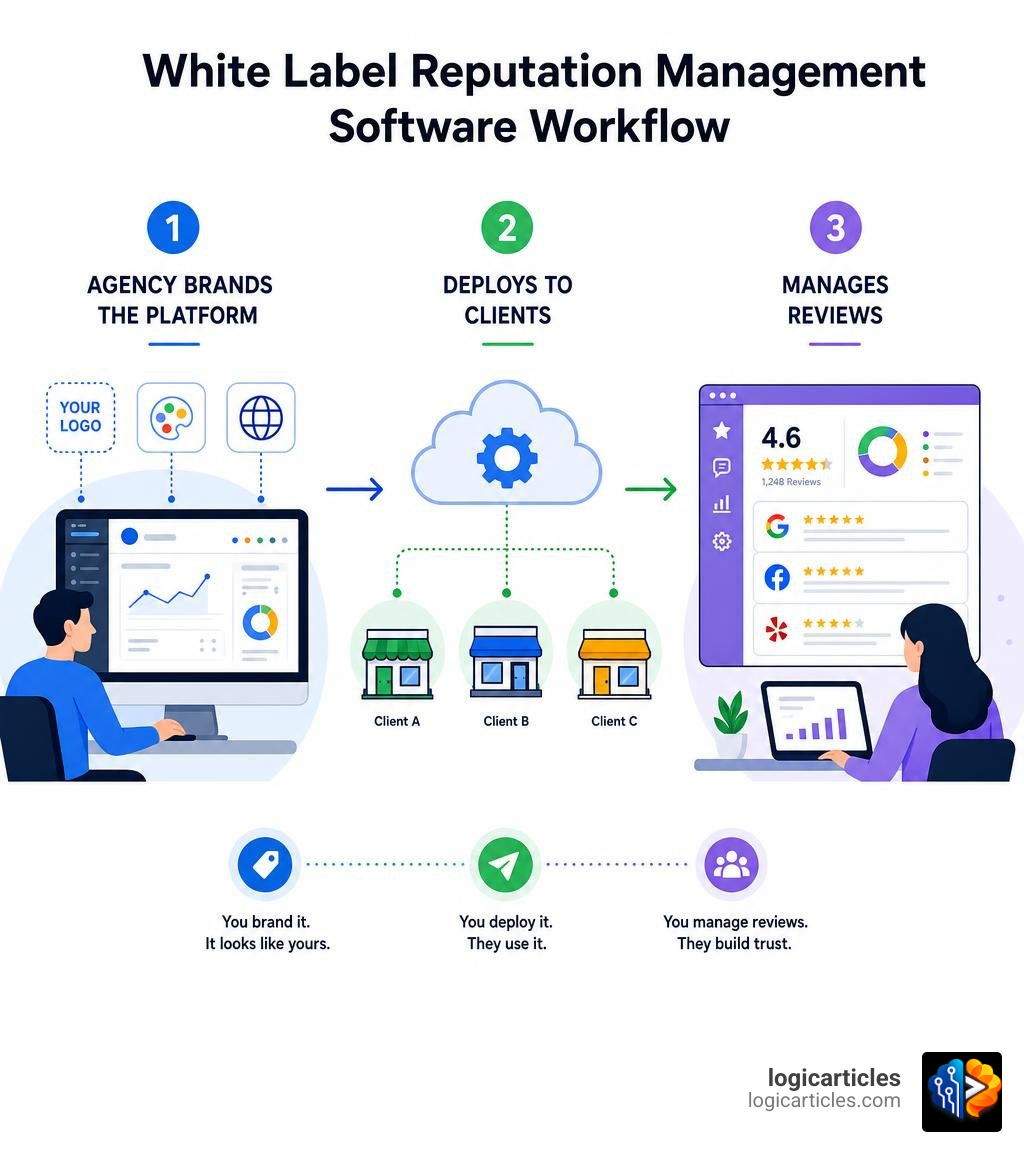 white label reputation management software workflow: agency brands platform, deploys to clients, manages reviews infographic white label reputation management software workflow: agency brands platform, deploys to clients, manages reviews infographic