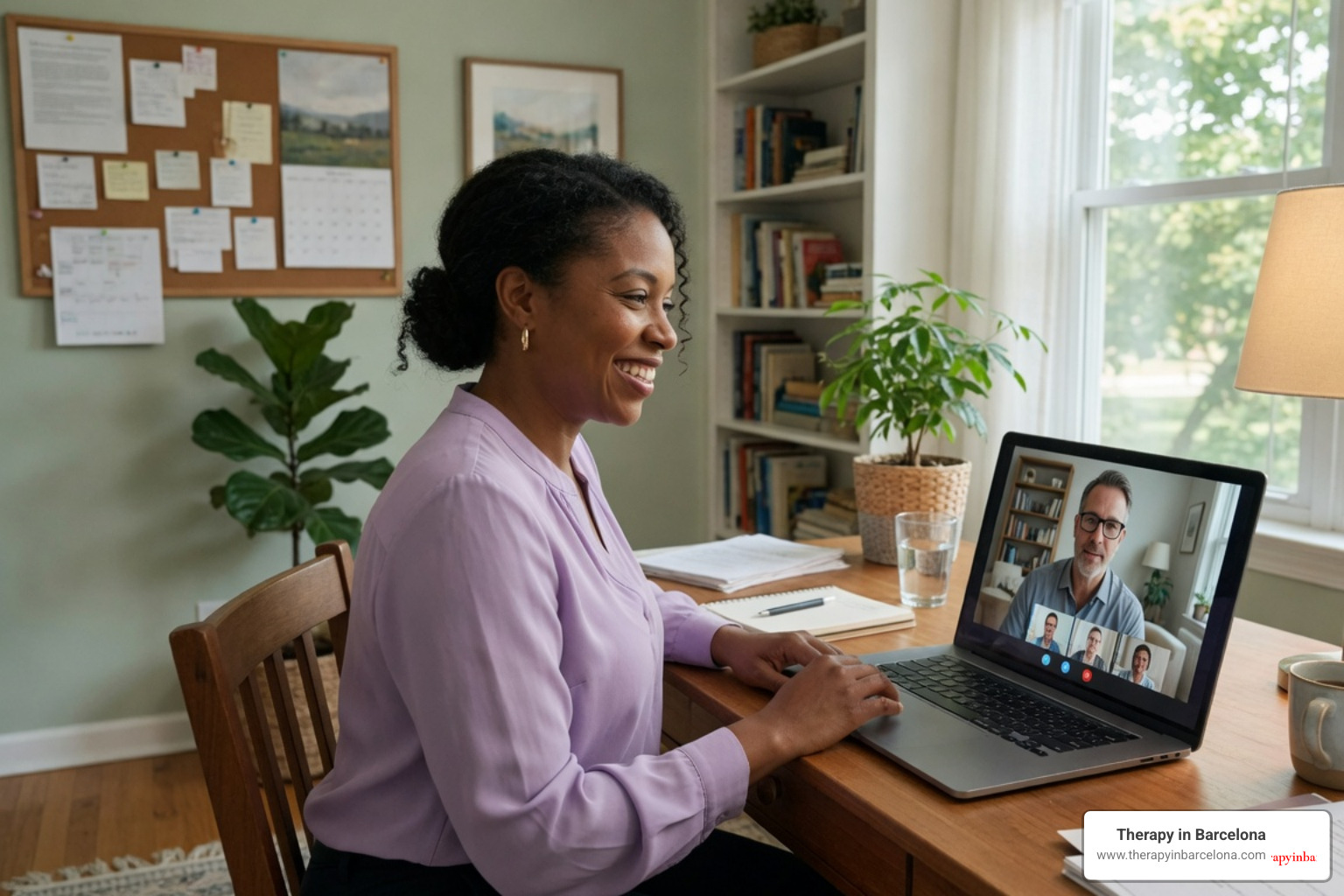 A professional therapist smiling during an online video call with a client