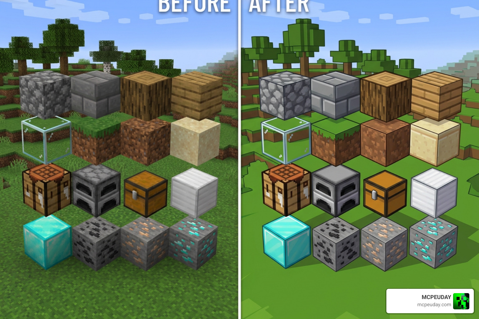 A visual comparison showing vanilla Minecraft blocks next to the clean, bold SapixCraft textures A visual comparison showing vanilla Minecraft blocks next to the clean, bold SapixCraft textures