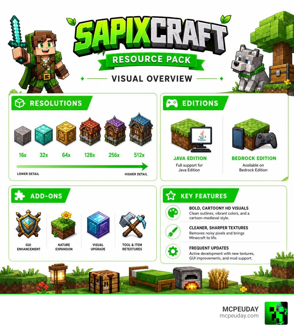 SapixCraft Resource Pack visual overview: resolutions, editions, add-ons, and key features infographic SapixCraft Resource Pack visual overview: resolutions, editions, add-ons, and key features infographic